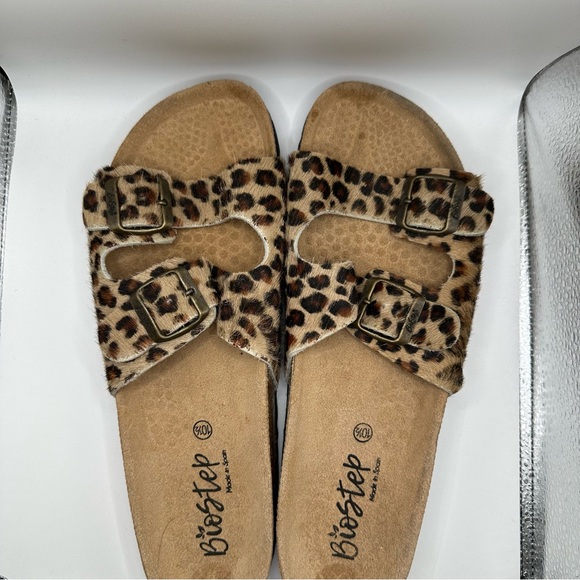 Biostep Womens 10.5 Cheetah Print Animal Fur Double Strap  Leather Sandals Spain - Picture 4 of 12